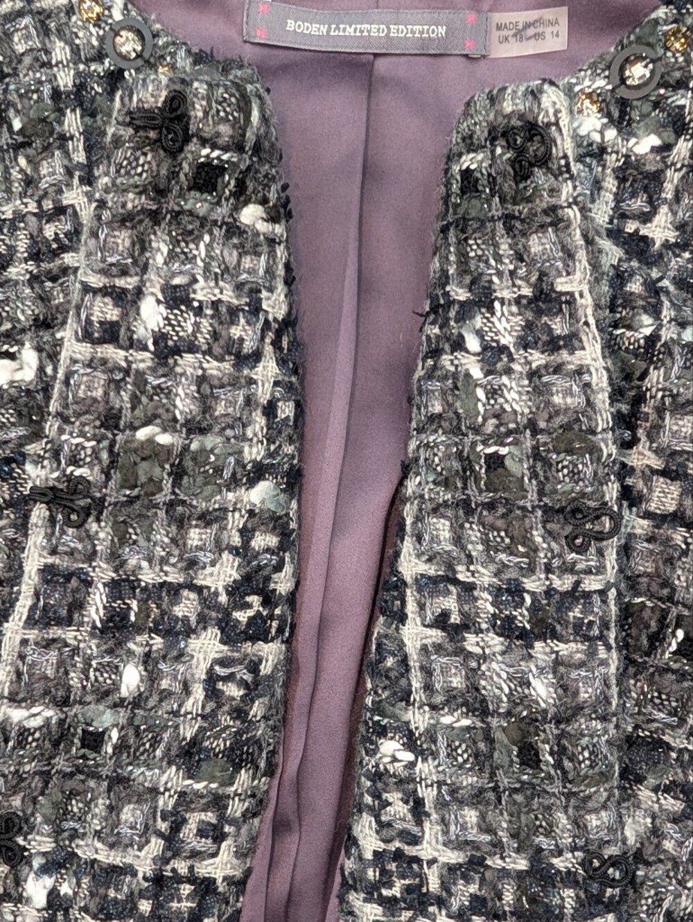 Boden Limited Edition Gray Wool Tweed Embellished Crystal Lady Jacket Size 14 - Picture 9 of 11